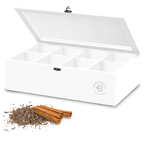 Tea Bag Organizer with Drawer - Bamboo Tea Box Organizer, 8-Compartment Tea Storage Box with Acrylic Lid and Magnetic Closure, Tea Box for Kitchen Counter, Gifts for Mom, Wife, Tea Lovers (White)