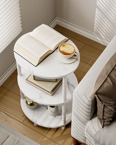 Image of Small Round Side Table - 3-Tier Oval Accent Table for Small Spaces, Rustic Wood and Metal Couch End Table, Nightstand for Bedroom or End Table Living Room, Easy to Assemble, Marble White