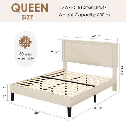 Image of VECELO Queen Size Platform Bed Frame with Height Adjustable Upholstered Headboard, Modern Mattress Foundation,Strong Wood Slat Support, No Box Spring Needed, Easy Assembly,Beige