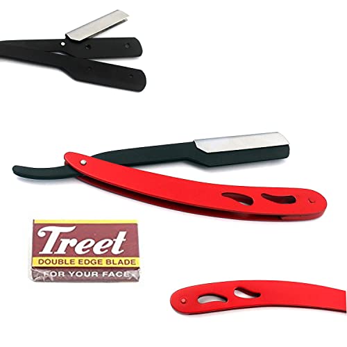 AAPROTOOLS PROFESSIONAL STRAIGHT EDGE RAZOR WITH 100 SINGLE EDGE BLADES - CLOSE SHAVING MEN'S MANUAL SHAVER SAFETY RED AND BLACK A+ QUALITY