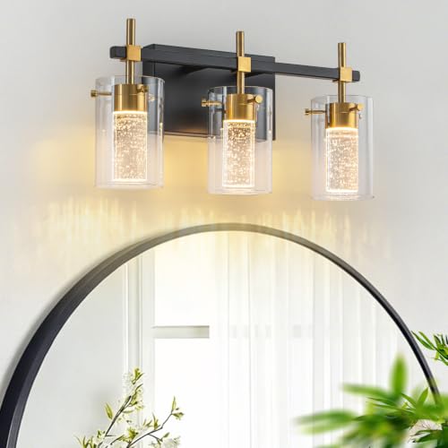 Image of 3-Light Black and Gold Vanity Light with 3 Color Modes (3000K /4000K /6000K), Eye Protection LED Bathroom Light Fixture, Dimmable Modern Wall Light Over Mirror with Clear Glass Shade