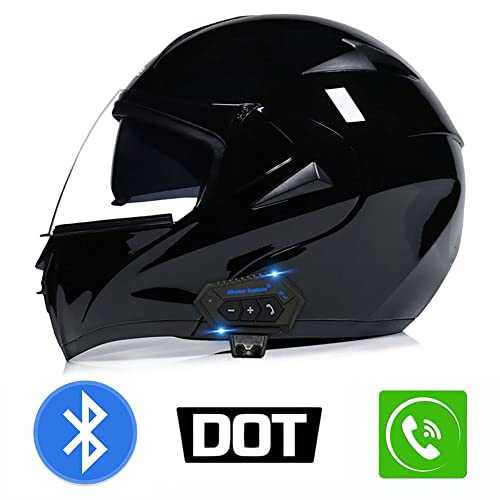 Motorcycle Bluetooth Helmets Full Face Dot Approved For Men Women Adults, Dual Visors Flip Up Modular Bluetooth Integrated Helmet Motorcycle(B. Gloss Black,Large) #TOP1