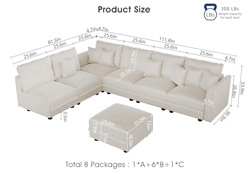 Image of LLappuil Modular Sectional Sofa with Storage, L-Shaped 7-Seat Corduroy Couch with 6 Throw Pillows, Pet-Friendly Convertible Sofa for Living Room & Apartment, Skin-Friendly, Beige