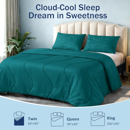 Image of Cooling Comforter for Hot Sleepers, Queen 90x90, Peacock Blue | Cooling blanket feel, Q-Max >0.4 cool touch, double-sided cooling, Sorona fill, for night sweats, lightweight & breathable