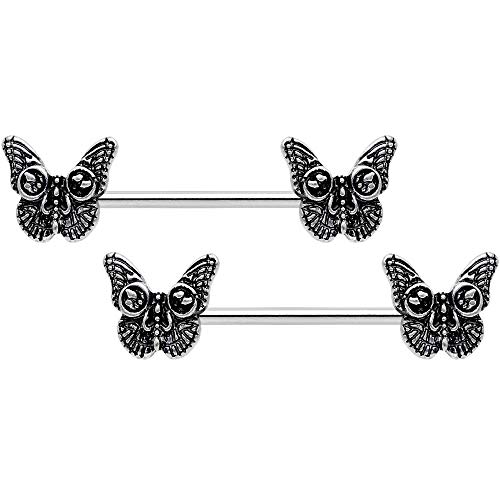 Body Candy 14G Womens Nipplerings Piercing 9/16" Steel 2Pc Skull Butterfly Nipple Ring Set 14mm