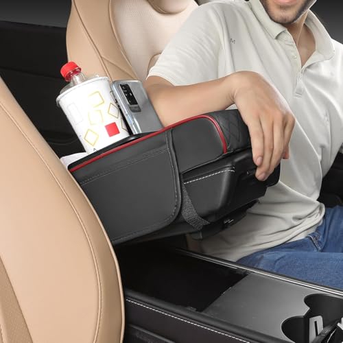 Image of Car Centre Console Armrest Pad with Cup Holder, Phone Storage, Black Quilted Leather, Memory Foam Cushion (Black)