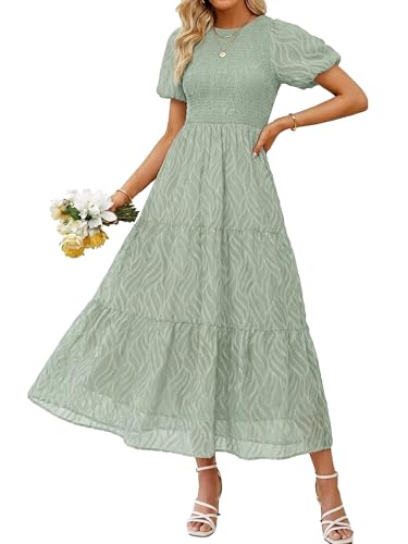 BerryGo Womens Summer Chiffon Midi Dress Short Sleeve Flowy Smocked Crewneck A Line Tiered Wedding Guest Dresses 2026(Sage Green Large)