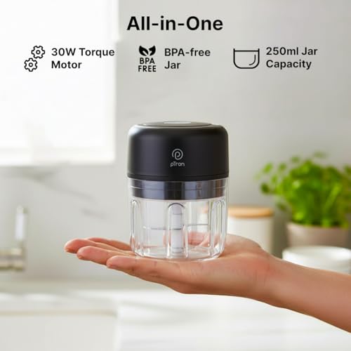 Image of pTron EaseMate Chopper S1, Rechargeable Mini Electric Chopper, Food Grade Bowl, 3 Stainless Steel Blades, One-press Operation, for Mincing Garlic,Ginger,Onion,Vegetable, 250ml, Type C Charging (Black)