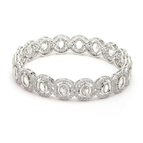 Image of ZENEME Rhodium Plated Silver Toned White American Diamond Studded Bangles Set Of 2 For Women & Girls