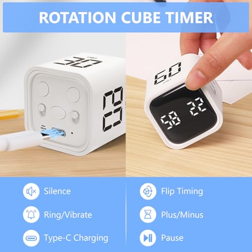 Image of Digital Cube Productivity Timer - Rotating Pomodoro Timer with Gravireceptor 5-10-30-60 Min Custom Countdown, Vibration & Adjustable Volume for Learning, Office, Kitchen, Desk, White