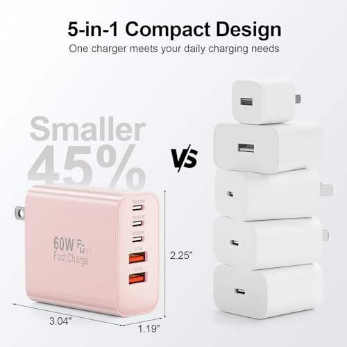 Image of USB C Charger Block, 60W 5-Port Type C Charger Fast Charging Blocks | USBC Multiple Port Wall Charger Plug for iPhone 17 /16 /15 /14 /13 /12 /11 Pro Max, Samsung Galaxy, Android Phone, iPad, Pink