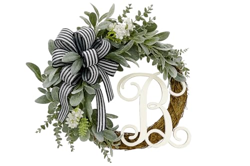 Handmade Lambs Ear with Eucalyptus Front Door Wreath with Monogram Letter Option, 20-22' Diameter, Exterior Door Decor, Rustic Farmhouse Look, Spring Summer Color