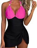 SUUKSESS Womens One Piece Swimdresses Skirt Tummy Control Swimsuits V Neck Gold Metal Tie Knot Bathing Suit 2025(Black-Pink,L)