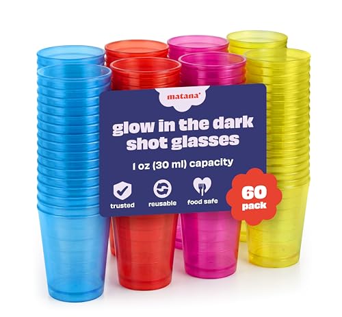 MATANA 60 Verres à Shot en Plastique Fluo, 30ml - Lumière Noire/UV-Réactive - Verres à Shooter Colorés Solides - Verrines en Plastique Réutilisables pour...