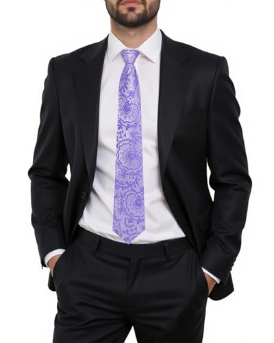 Image of Hi-Tie Zipper Ties for Men Light Purple Floral Adjustable Pre-Tied Necktie Lapel Pin Pocket Square Cufflinks Set