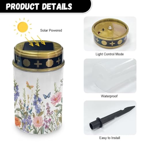 Image of Colorful Floral Solar Grave Lights for Cemetery Flameless Solar Powered Light for Prayer Waterproof Cemetery Solar Lights for Grave Cemetery Decor Candle Lamp