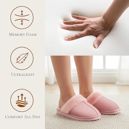 Image of OOW Fuzzy Slippers for Women Cozy Faux Fur House Shoes Memory Foam Slippers | Winter, Warm Slippers, Indoor and Outdoor