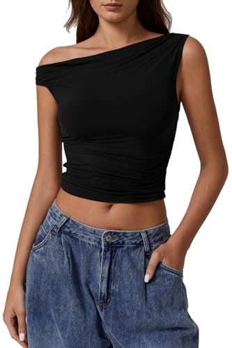 QINSEN Womens One Shoulder Sleeveless Basic Top Double Lined Slim Fit T Shirt Cropped Tee