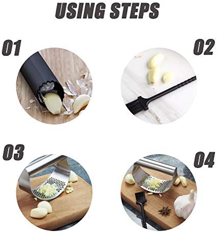 Garlic Press Rocker, Garlic Crusher Press 430 Stainless Steel Garlic Chopper Ginger Mincer + Silicone Garlic Peeler + Cleaning Brush, Multifunctional Kitchen Gadget