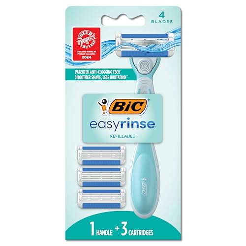 BIC EasyRinse Anti-Clogging, Refillable Women's Razors With 4 Blades, 1 Razor Handle and 3 Refill Razor Cartridges Razor Kit