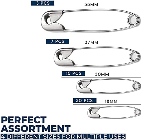 55 Safety Pins, Assorted Sizes, Stainless Steel Pin Kit, 55mm, 45mm, 37mm, 30mm, 18, Perfect for Securing Clothing, DIY Jewellery, Pinning & Hemming, Dressmaking and Sewing