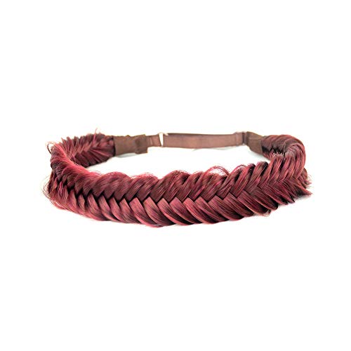 BOBIYA Wide Fishtail Headband for Women Synthetic Red Hair Braided Headband Elastic Stretch Fishtail Headband (Burgundy)