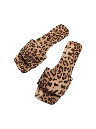 GORGLITTER Women's Leopard Flat Sandals Cheetah Animal Print Slides Square Open Toe Slip on Sandal