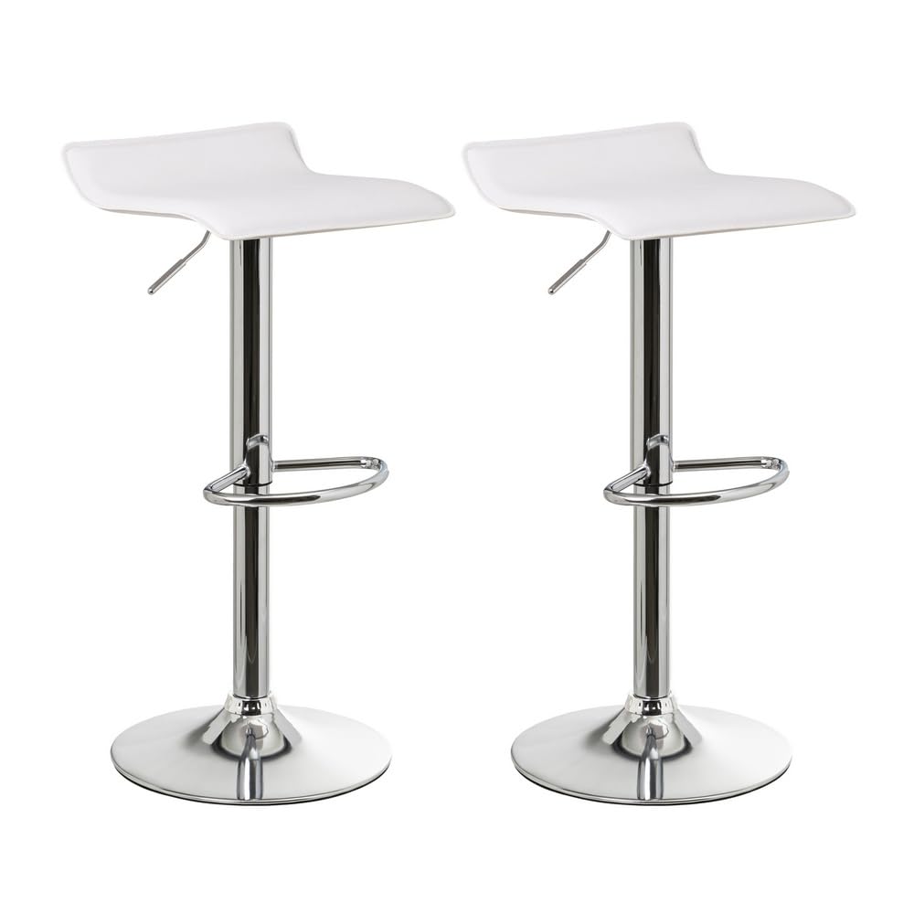 LOLAhome Set of 2 360° Swivel Kitchen Stools Set of Bar Chairs Height Adjustable from 63 to 84 cm, Material Leatherette, Metal Structure and Footrest, White