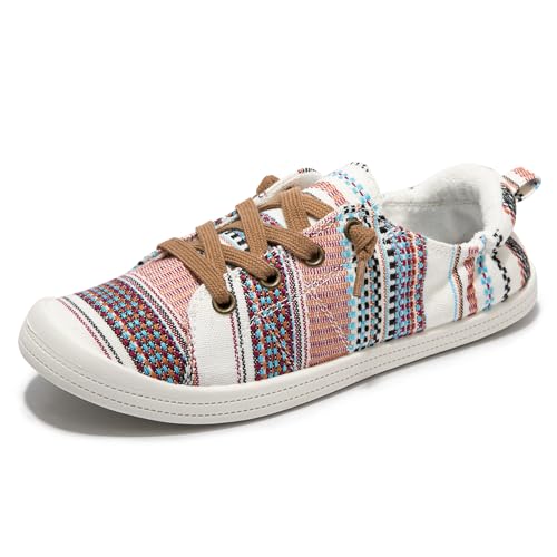 Image of FUNKYMONKEY Slip-On Canvas Sneakers for Women, Comfortable Lightweight Lace-Up Flat Casual Tennis Shoes Breathable Walking Shoes for Everyday Wear