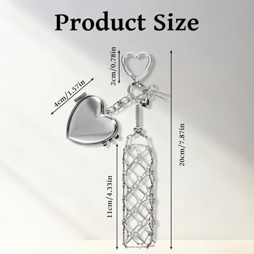 Image of Tarini Lipstick Holder Keychain with Mirror, Metal Mesh Bag Lip Balm Holder Keychain with Chain, Portable Lip Gloss Storage Organizer for Women Girls, Cute Makeup Pouch Bag Charm for Purse Backpack