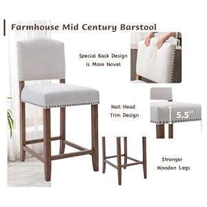 CIMOTA Counter Height Bar Stools Set of 2 Farmhouse Bar Chairs Mid Century Counter Stools Barstools with Back Kitchen Stools with Wood Legs for Island/Home Bar/Pub/Dining Room, Linen Beige, 26 Inch CIMOTA Counter Height Bar Stools Set of 2 Farmhouse Bar Chairs Mid Century Counter Stools Barstools with Back Kitchen Stools with Wood Legs for IslandHome BarPubDining Room Linen Beige 26 Inch