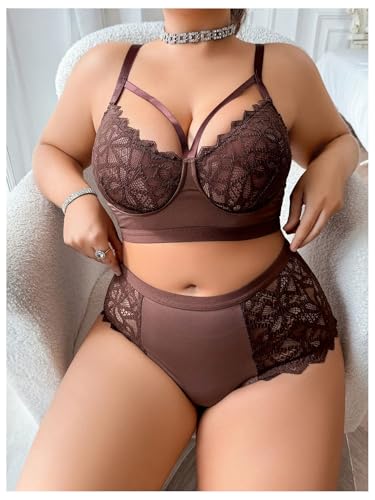 Image of MakeMeChic Women's Plus Size Lingerie Sets Contrast Lace Cut Out Wireless Bra and Panty Set