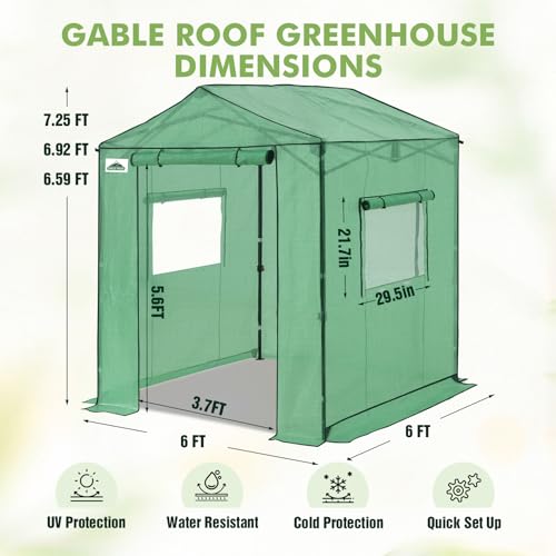 Image of EAGLE PEAK 6x6 Pop Up Walk in Greenhouse, Easy Setup, Gable Roof, Green