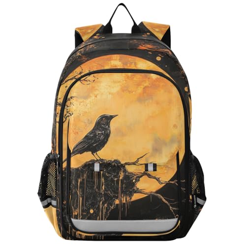 little kids backpacks 8-12： adjustable bookbags for teen girls in assorted colors - Halloween Crows Yellow Moon Black