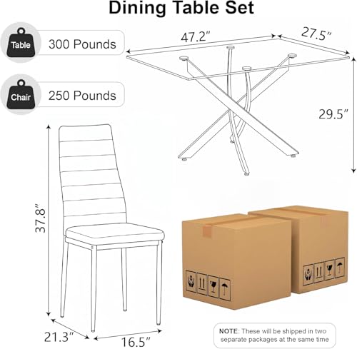 Image of 5 Piece Dining Table Table Set, Tempered Glass Dining Table Set for 4 Kitchen Table Set with 4 Upholstered High-Back Chairs for Kitchen Dining Room (Black Table with Black Chair)