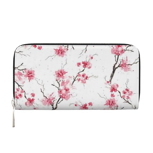 Pu Leather Wallet For Women Girl, Zip Around Credit Card Holder Cherry Blossom Long Wallet Clutch Purse Waterproof Travel Handbag