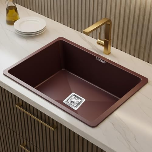 Image of BASINQU Quartz Kitchen Sink 24 x 18 x 9 Inch Granite Kitchen Sink Single Bowl Brown Quartz Sink for Kitchen Basin Sound Dampening Scratch Resistant UV-Protected Noise Reducing sinks