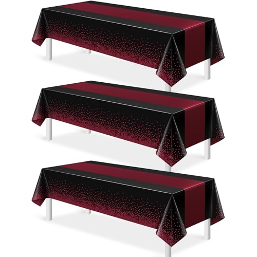 Image of 3Pcs Black and Maroon Tablecloth Party Decorations,Plastic Black Table Cloth Printed Maroon Table Runner Disposable Rectangle Table Cover for Birthday Wedding Graduation Anniversary Party,54x108Inch