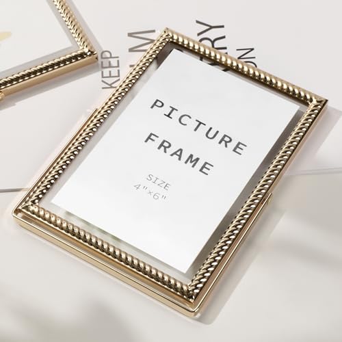 4x6 Floating Picture Frame Gold, 4 by 6 Gold Wedding Frames Vertical Metal Photo Frame with Glass Front for Tabletop Display, Ornate Elegant Design for Home Decor