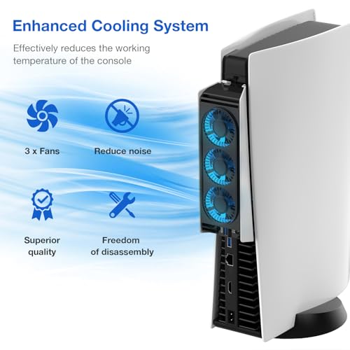 Image of PS5 Cooling Fan, PS5 Accessories Upgraded Quiet Cooler Fan with LED Light & USB 3.0 Hubs, Efficient Cooling Station for PlayStation 5 Disc /Digital Edition,Not for PlayStation 5 Slim /Pro