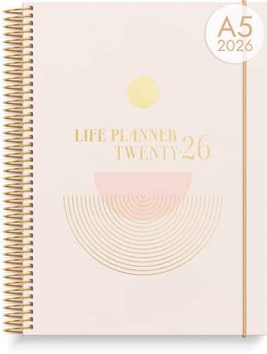 burde Life Planner Rose 2026, Agenda A5 à Spirales – Organiseur Compact & Élégant, Planning Scolaire & Professionnel Daté, Journal Hebdomadaire, Couverture Rigide