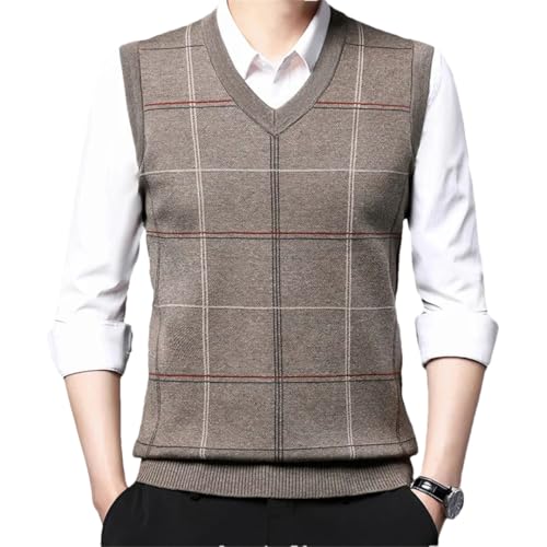Mens Knitted Sweater Plaid Sweater Vest Men Slim V-Neck Sleeveless Vest Sweater