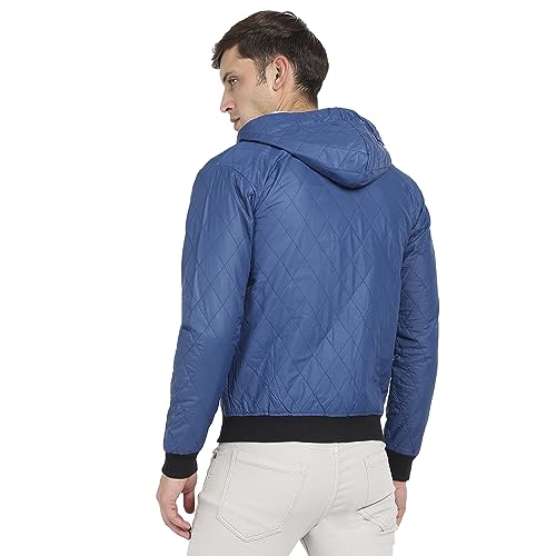 Image of Campus Sutra Men's Blue Quilted Puffer Jacket With Zip-Closure For Casual Wear | Hooded Neck | Long Sleeve | Zipper Closure | Polyester Jacket Crafted With Comfort Fit For Regular Wear