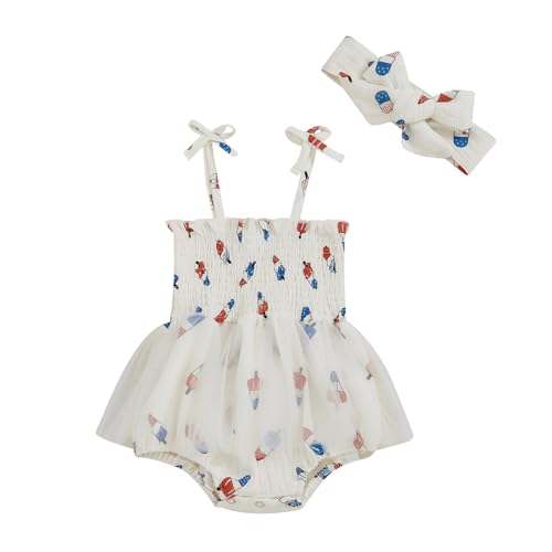 Image of Amnnchya Newborn 4th of July Outfit Girl Baby First Fourth of July Clothes Infant Sleeveless USA Tulle Romper Dress