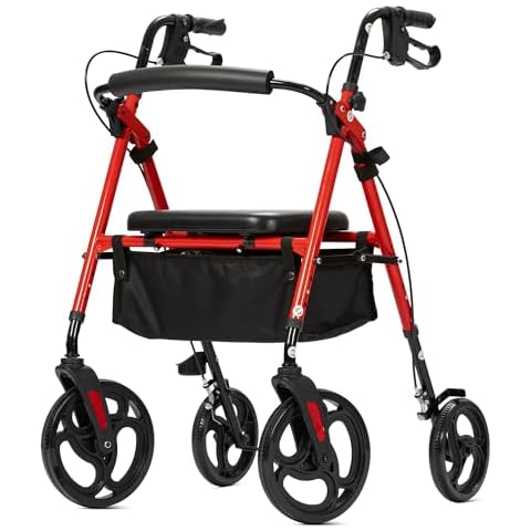 ELENKER Rollator Walker with 10” Wheels, Sponge Padded Seat and Backrest, Fully Adjustment Frame for Seniors, Red Cover