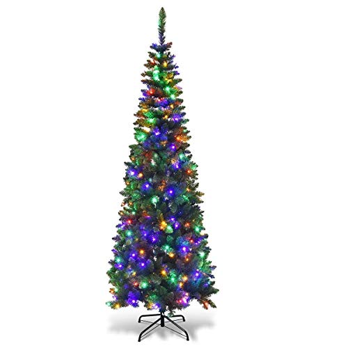 6Ft/1.8m Pre-Lit Artificial Slim Christmas Tree Green Pencil Tree Pointed Tips Metal Stand Multicolour LEDs Lights Holiday Home Decorations