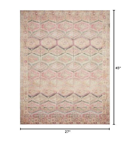 Loloi Layla Collection LAY-17 Pink/Lagoon 2'-3" x 3'-9" .13" Thick Accent Rug, Soft, Durable, Vintage Inspired, Distressed, Low Pile, Non-Shedding, Easy Clean, Printed, Living Room Rug