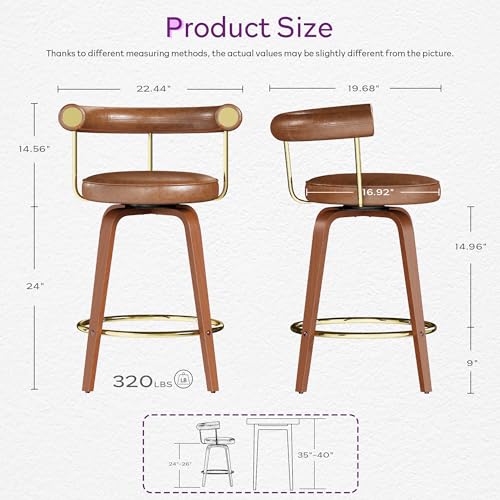 Image of Swivel Bar Stools Set of 2, 26 inch Counter Height Bar Chair, Barstools (Brown) | TYBOATLE, Mid-Century Modern, Faux Leather, Bent Wooden Legs, Golden Footrests, Island, Kitchen