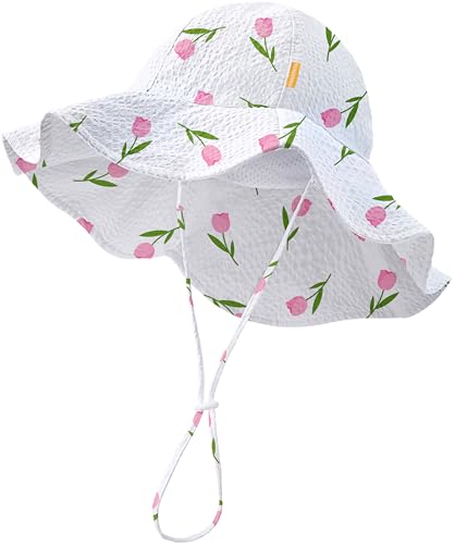 Image of HONGTEYA Baby Sun Hat Toddler Girl Beach Hat Sun Protection Adjustable Outdoor Summer Wide Brim Bucket Hat for Infant Kids