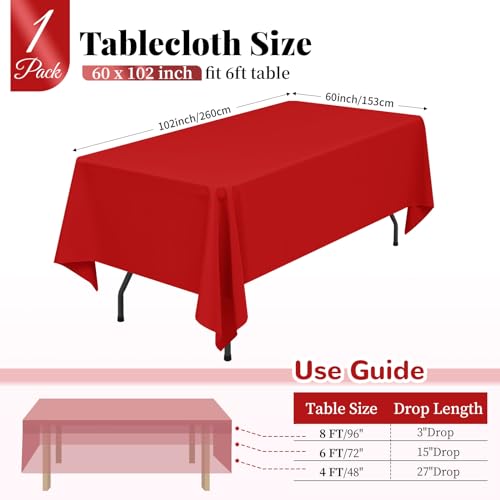 Lumaycens 1 Pack Red Polyester Tablecloths,60 x 102 Inch for 6ft Rectangle Table Cloth Washable and Reusable Stain and Wrinkle Resistant for Wedding Party Banquet Camping Restaurant Decoration - Image 2